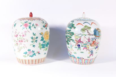 null Two covered porcelain pots with polychrome decoration, one decorated with an...