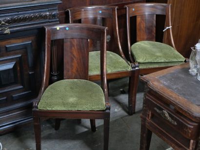 null Two mahogany chairs with sword legs, yellow velvet upholstery

Three mahogany...