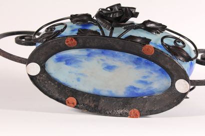 null Planter in marbled glass with a shade of blue, wrought-iron frame with rose...