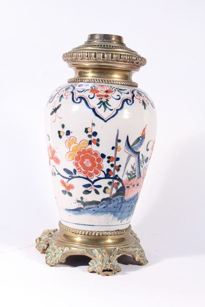 null Delft earthenware vase of baluster shape, polychrome decoration of birds, flowers...
