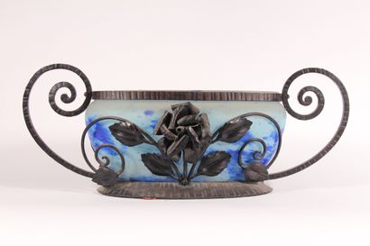 null Planter in marbled glass with a shade of blue, wrought-iron frame with rose...