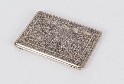 null 
Rectangular silver cigarette case with delicate chased and nielloed decoration...