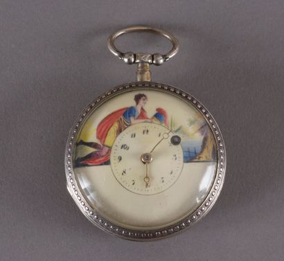 null 
Early 19th century silvered metal pocket watch, the enamelled dial with painted...