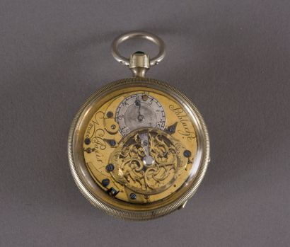 null 
Silvered metal pocket watch from the early 19th century, the white enamelled...