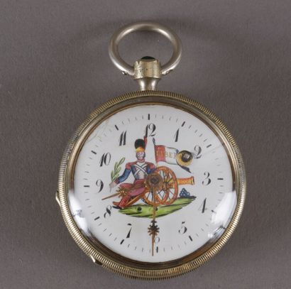 null 
Silvered metal pocket watch from the early 19th century, the white enamelled...