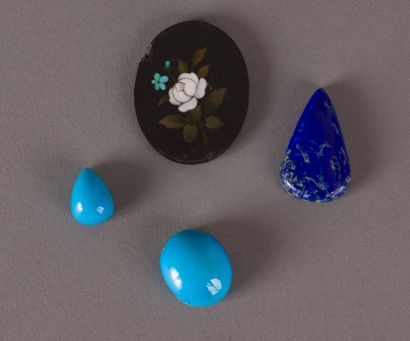 null Two turquoise cabochons, a triangular cabochon of lapis lazuli, a micro-mosaic...