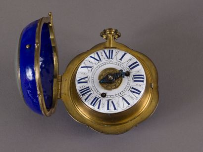 null 
Beautiful gilt brass onion watch with blue enamel, the back with swirling decoration...
