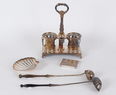 null A set of silver plated metal including: a vinegar oiler frame decorated with...