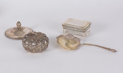 null Set of silver objects: a round box with melon ribs in foreign silver, with embossed...