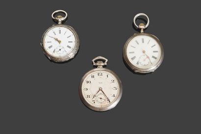null Three silver pocket watches, the backs chased with geometrical or foliated decoration,...