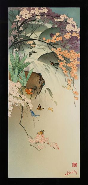 null THANH LEY

Vietnam.

Lacquered panel representing orchids and butterflies. 96...