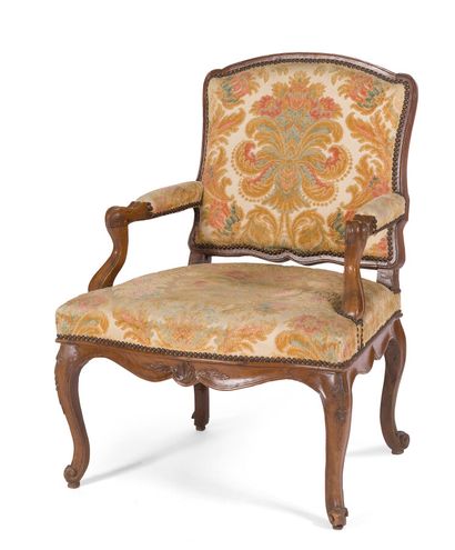 null WALNUT ARMCHAIR, MOULDED AND CARVED

with flat back, decorated with shells and...