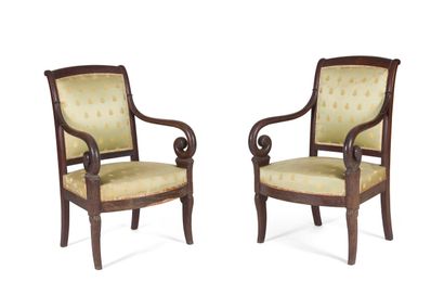 null PAIR OF MAHOGANY AND MAHOGANY VENEERED ARMCHAIRS

back with inverted bedside,...