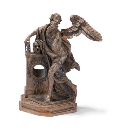 null WOODEN CARVED WATCH HOLDER

representing Chronos with an hourglass and a skull...