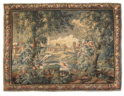 null TAPESTRY OF AUBUSSON

representing birds in an undergrowth with a castle in...