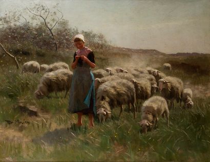 null François Pieter TER MEULEN (1843-1927)

Shepherdess and her flock.

Oil on canvas,...