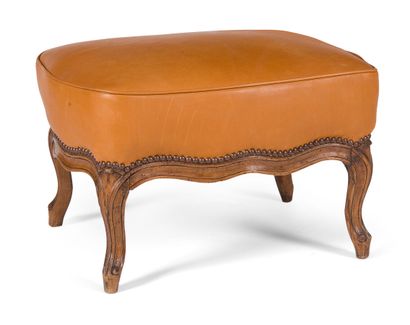 null A BEECHWOOD STOOL OF RECTANGULAR SHAPE, 

resting on cambered legs; (restorations).

Louis...