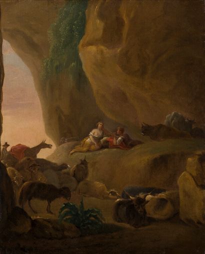 null IN THE GOUT OF Jan ASSELYN (1610-1652)

Shepherd and shepherdess in a cave.

Oil...