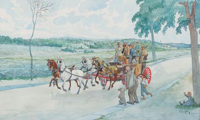 null CRAFTY (c.1840-1906)

The passage of the stagecoach.

Watercolour gouache over...