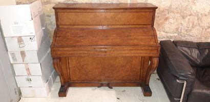 null Pleyel upright piano, burr veneer inlaid with dark wood fillets, the front legs...