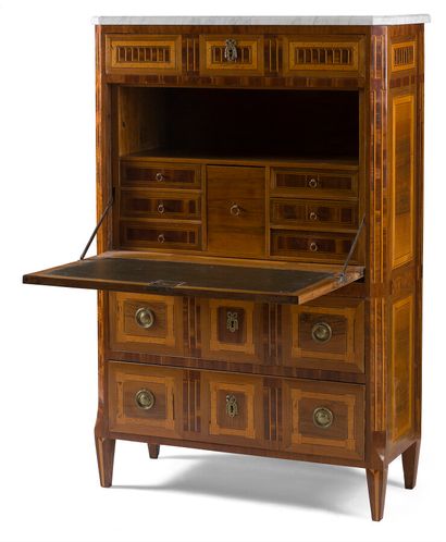null Secretary with flap in fruitwood and marquetry, opening in drawers, a flap revealing...