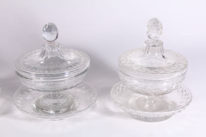 null Three crystal dragees and display stands with engraved decoration, three different...