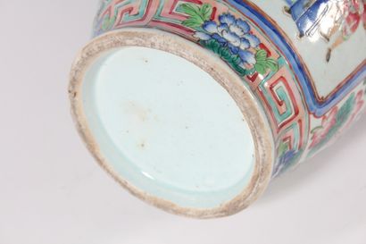 null Porcelain vase with polychrome decoration in reserve of palace scenes and relief...