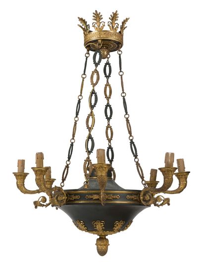 null A patinated bronze and gilt bronze circular chandelier, with eight scrolled...