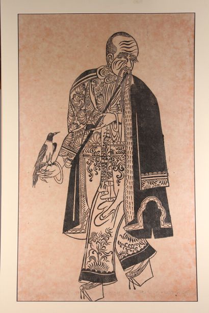 null Estampe 

"Homme à l'oiseau"

Asie, XXème siècle

90 x 56 cm