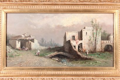 null Ferdinand BONHEUR (1817-1887)

"Lively river bank".

Oil on mahogany panel

21...