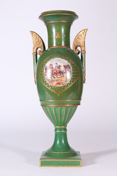 null Porcelain vase of baluster shape with green background and golden bees decorated...