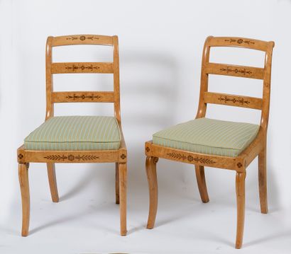 null Pair of maple and amaranth marquetry chairs, slightly overturned back with bands

Charles...