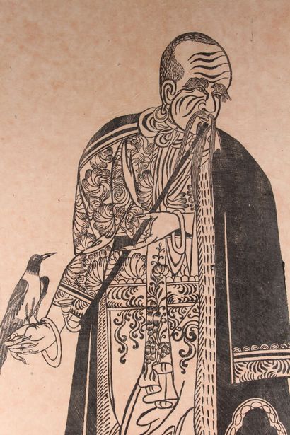 null Estampe 

"Homme à l'oiseau"

Asie, XXème siècle

90 x 56 cm