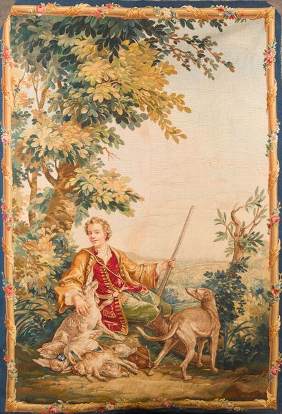 null After François DESPORTES

Woolen tapestry with knotted stitches and a hunter...