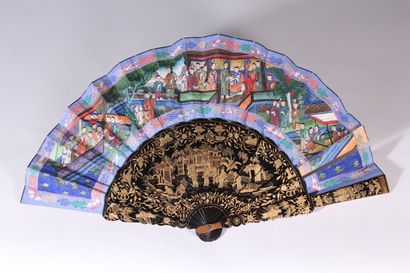 null Lacquered wood fan with gilded decoration of palace scenes, the plume with painted...