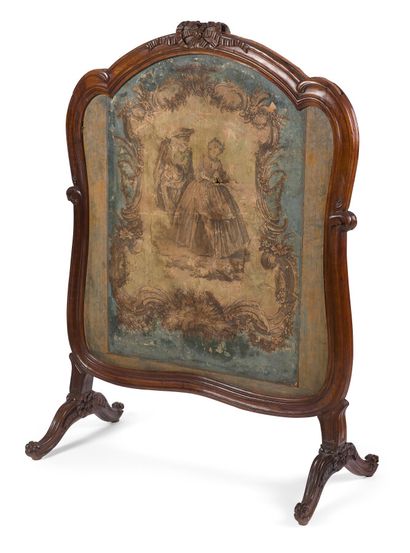 null Mantel screen in molded and carved walnut decorated with foliage and ribbon...