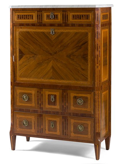 null Secretary with flap in fruitwood and marquetry, opening in drawers, a flap revealing...