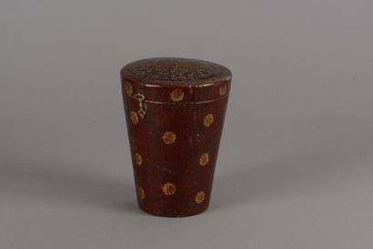 null Truncated cone-shaped case covered with red leather with iron decoration of...