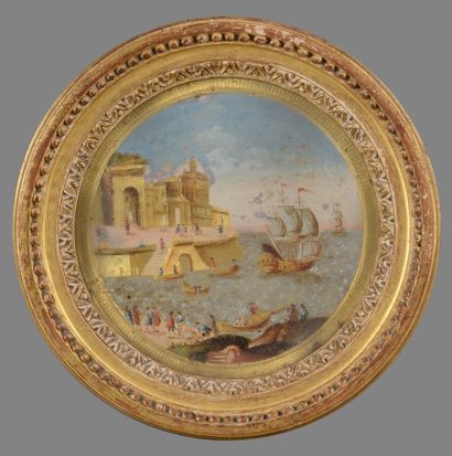 null Gouache on gilt and silver embossed paper representing a lively harbour scene,...