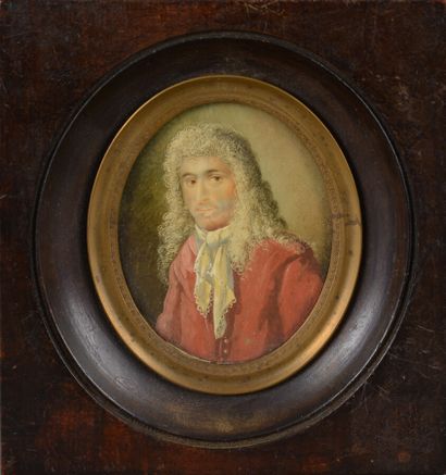 null Oval miniature on ivory "Portrait of a 17th century man in a red suit and wig",...
