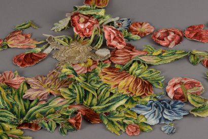 null Fourteen polychrome embroidered floral motifs with roses, tulips, carnation...