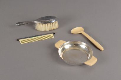 Art Deco silver and ivory plate and spoon...