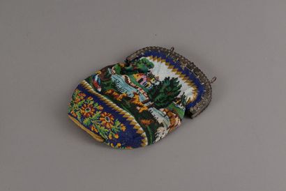 null Polychrome pearl bag from the 19th century decorated with a country landscape...
