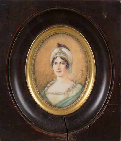 null Gubert, Portrait de femme au turban", miniature sur ivoire ovale début Xxème...