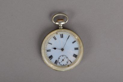 null Silvered metal pocket watch, mother-of-pearl back and crown, milky white enamelled...