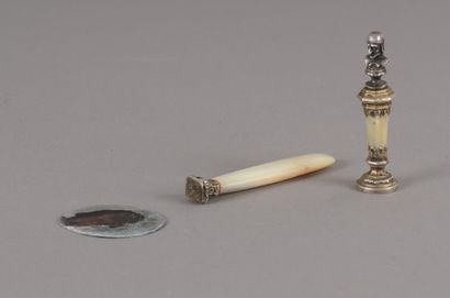 null Two mother-of-pearl seals, silver-plated metal mounts: one oblong and the other...