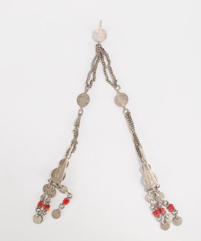 null Head ornament in silver 800 thousandths and red glass paste pearls made up of...