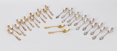 null 
Set of 25 small silver and gilt metal spoons: 12 with ribbons and nets decoration...
