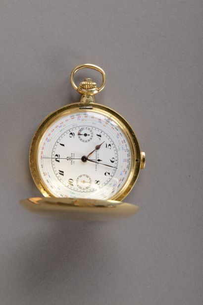 null Omega, montre de poche savonnette en or jaune 750 millièmes, chronographe, dos...