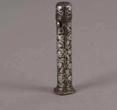 null Steel case decorated with flowers and bird in scrolls, the lid opening with...